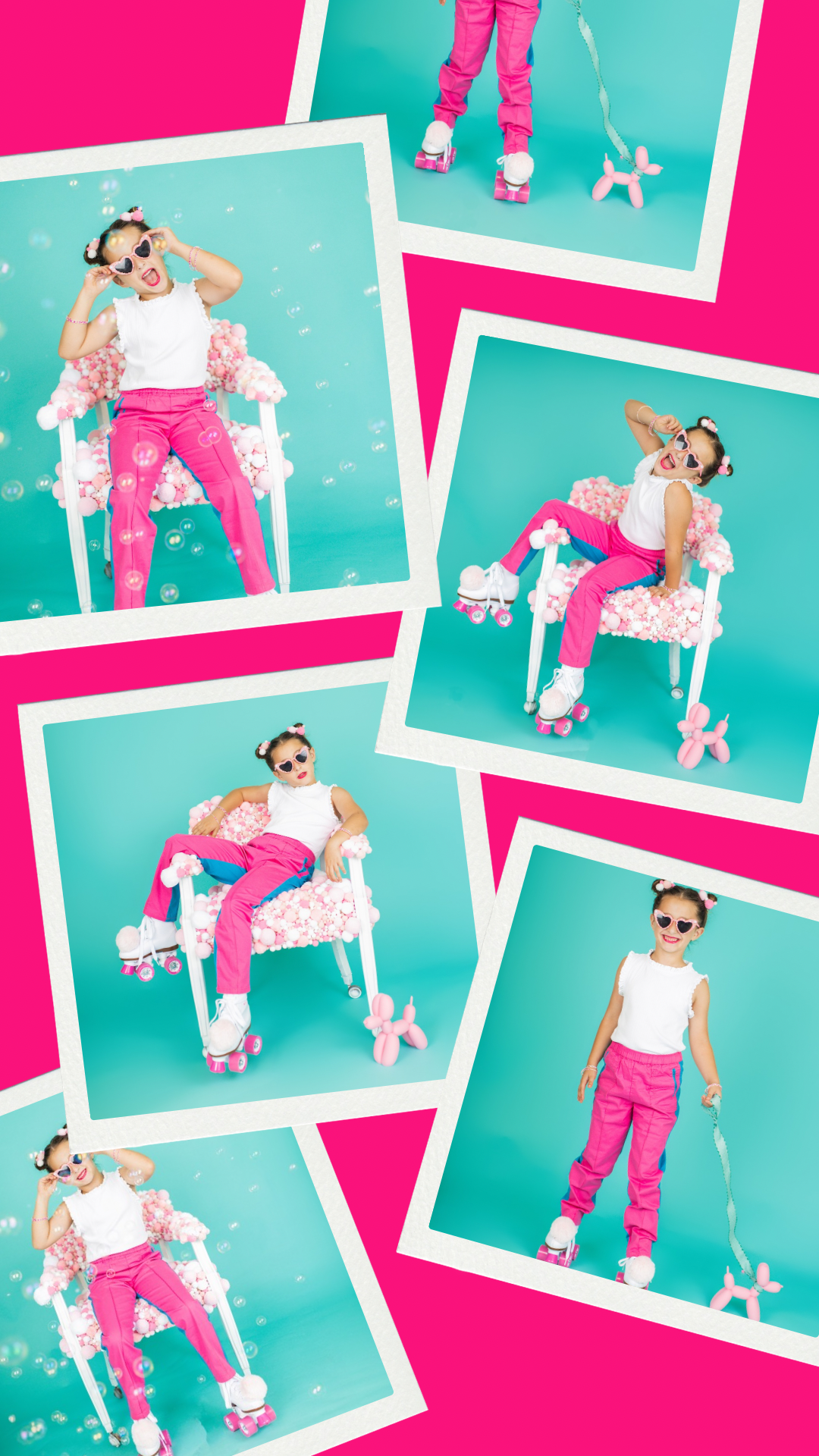 Collage of playful portraits with pink pants and stuffed animals against turquoise background.