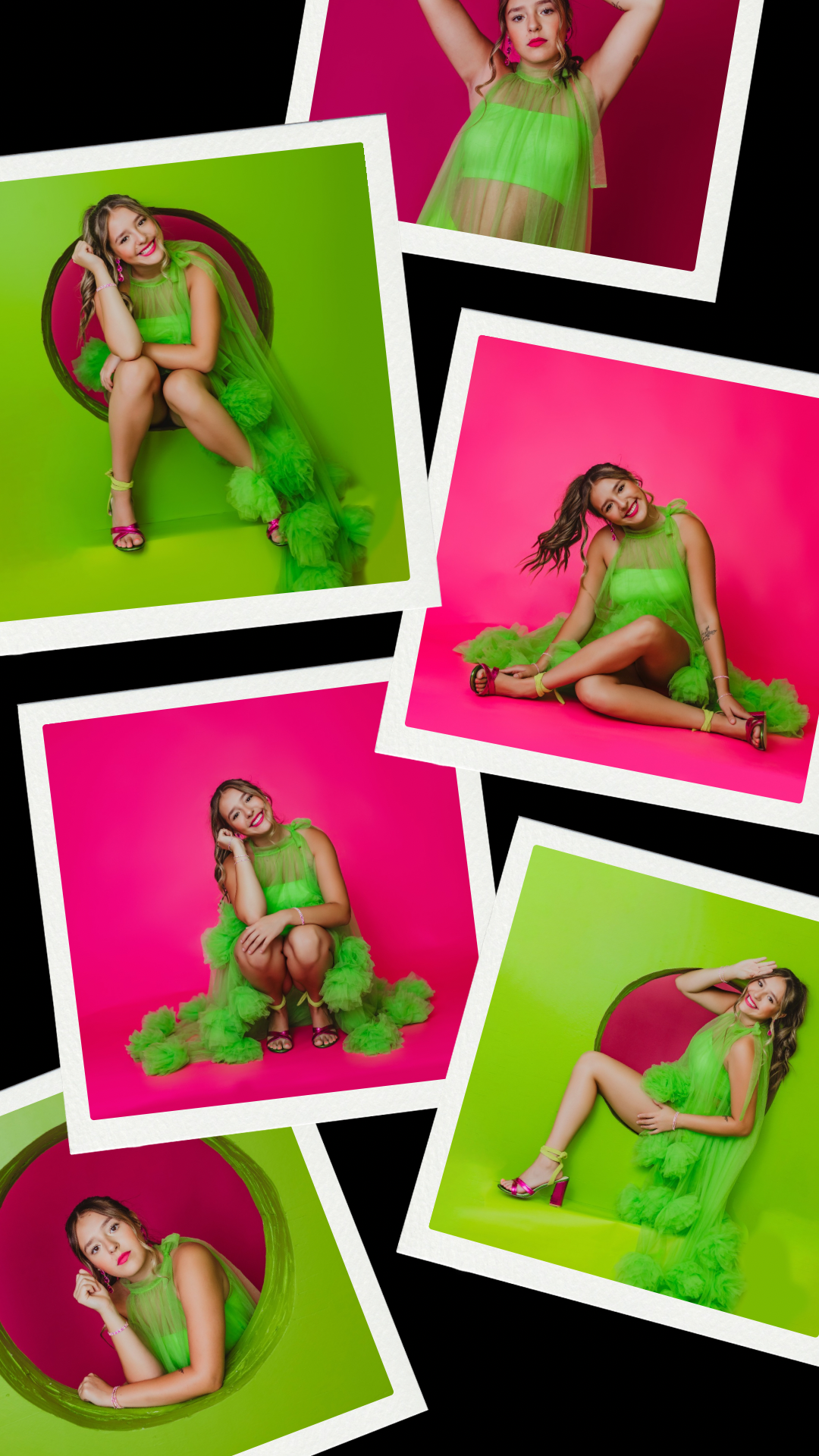 Photo collage featuring green and pink fashion shots with dramatic poses.