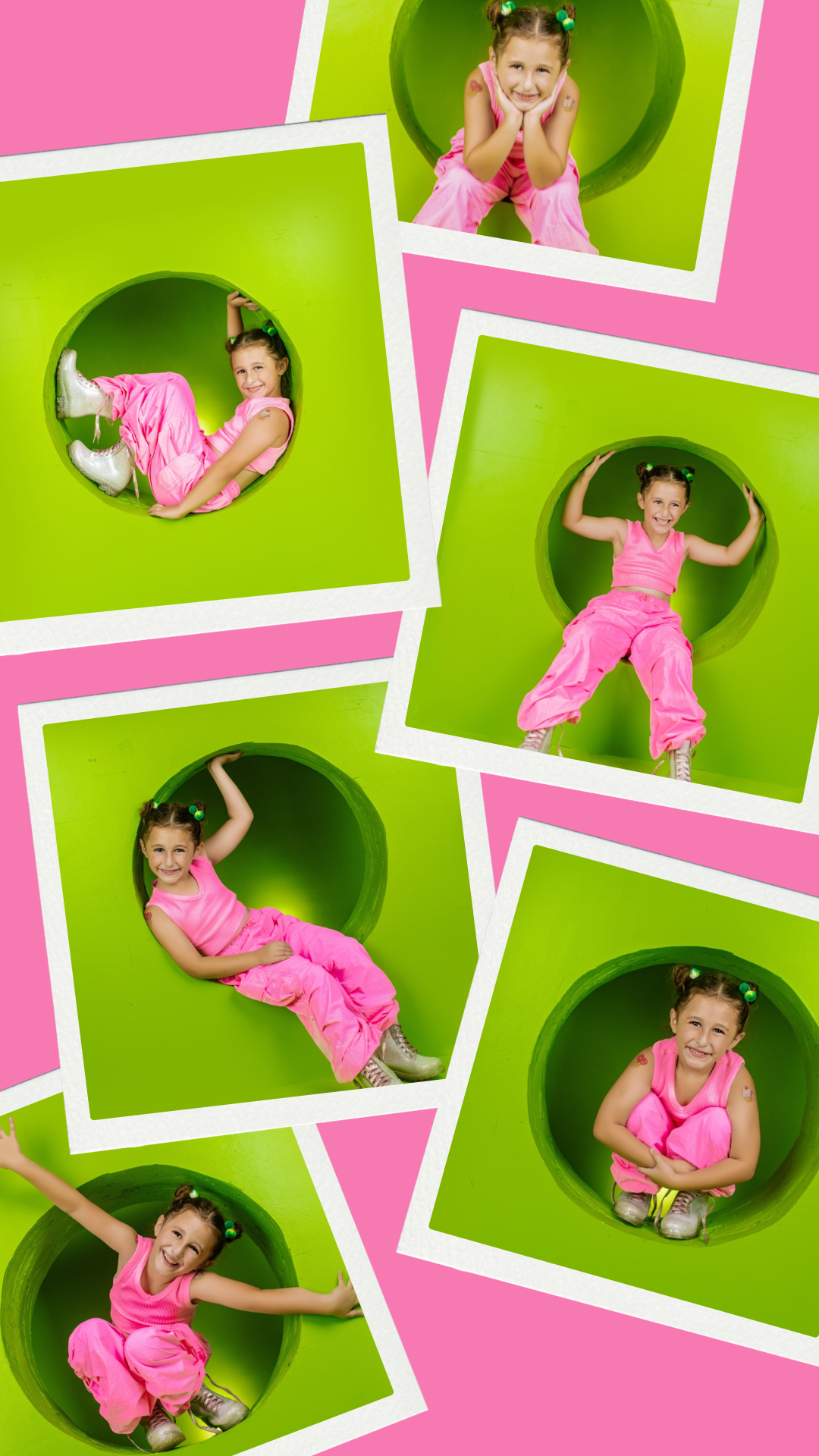 Dynamic photo collage with lime green and pink backgrounds showing energetic poses.