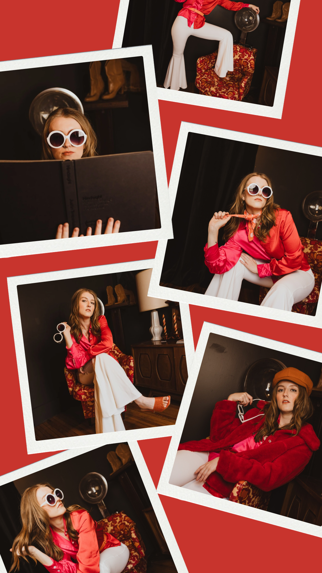 Retro-styled photo collage with model in red jacket and sunglasses against red background.