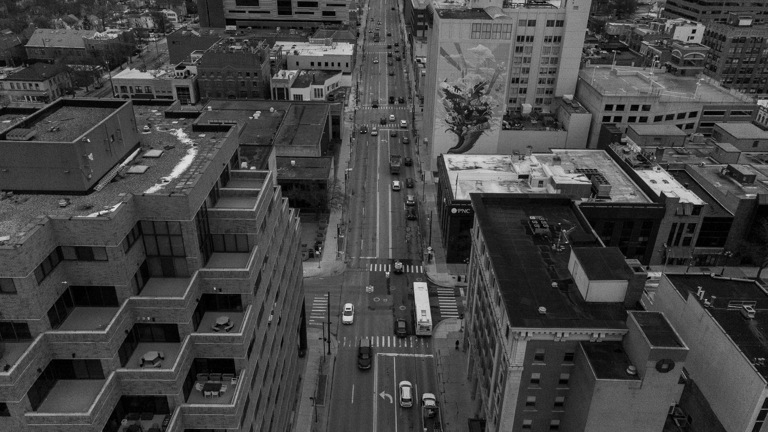 A black and white photo of city streets