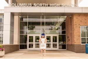 Daytime view of Columbus North High School's entrance and facade.