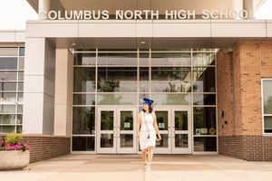 Wide angle view of Columbus North High School's main entrance and columns.