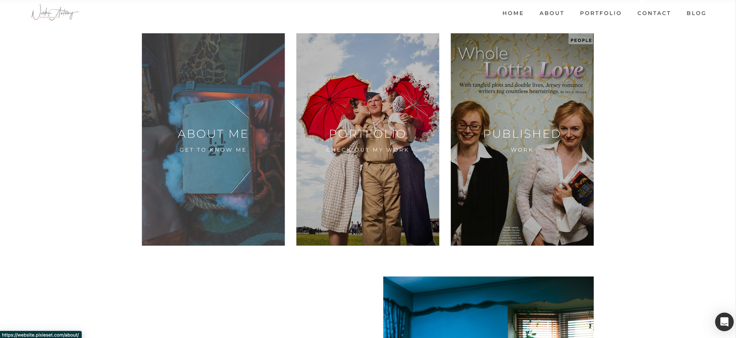 Photography portfolio website grid displaying colorful event and portrait photography samples.