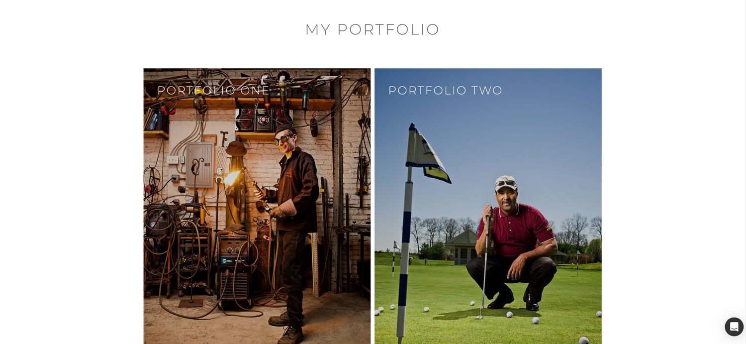 Photography portfolio page displaying two projects including musicians and golfer on course.
