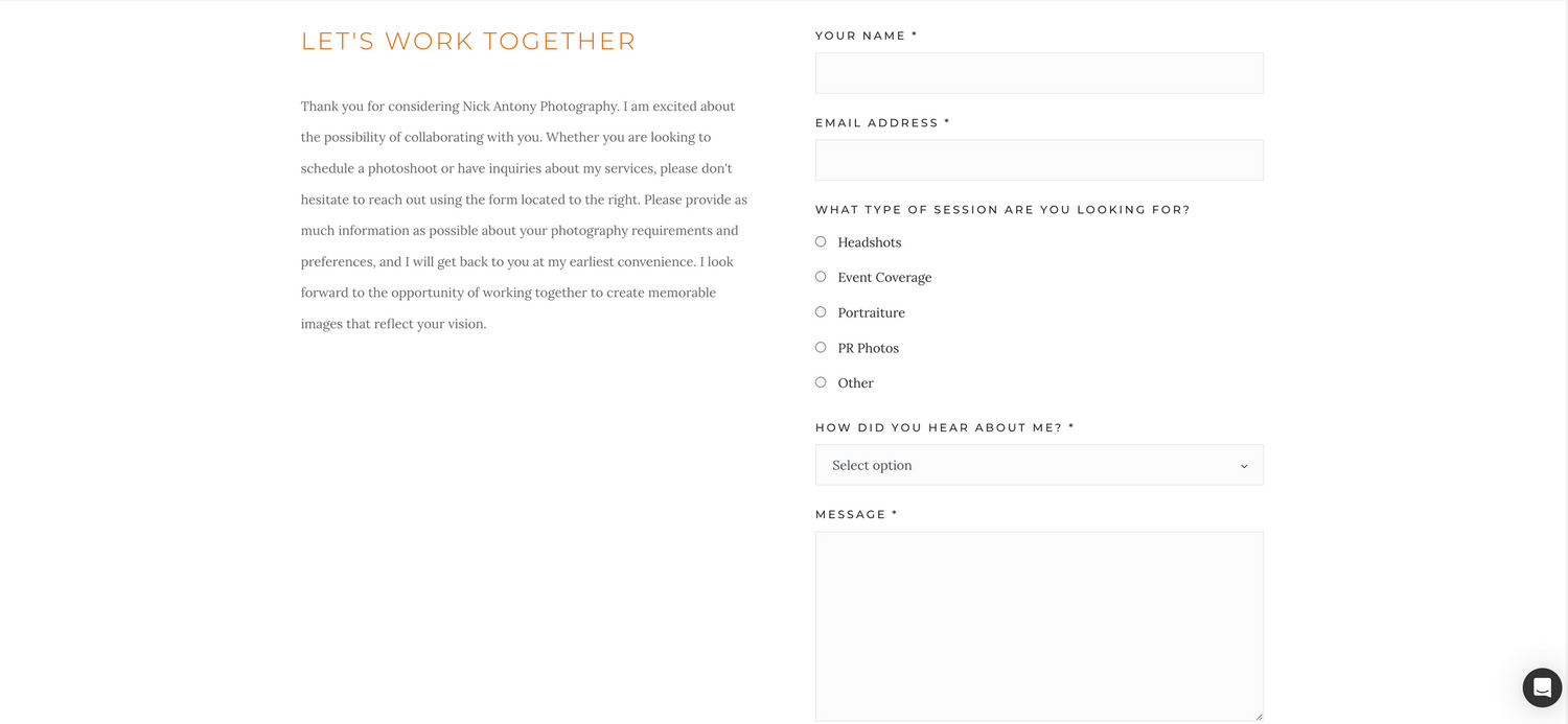Photography website contact form with Let's Work Together heading and project inquiry fields.