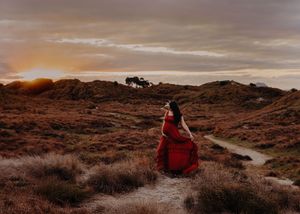 A series of desert landscape photos at sunset with dramatic orange skies and rocky terrain features a figure in red.