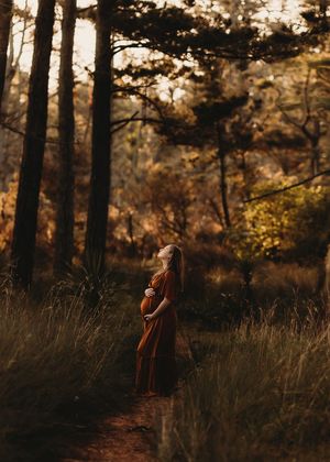 A silhouette stands thoughtfully in a golden-lit forest path surrounded by tall trees and autumn grass at sunset.