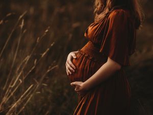 A pregnant woman in a rust-colored dress cradles her belly while standing in a sunlit field of tall grass.