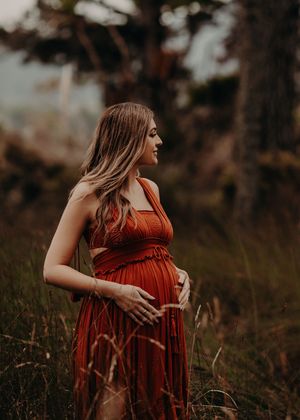 Pregnant woman in rust-colored dress poses in field during golden hour maternity photoshoot.