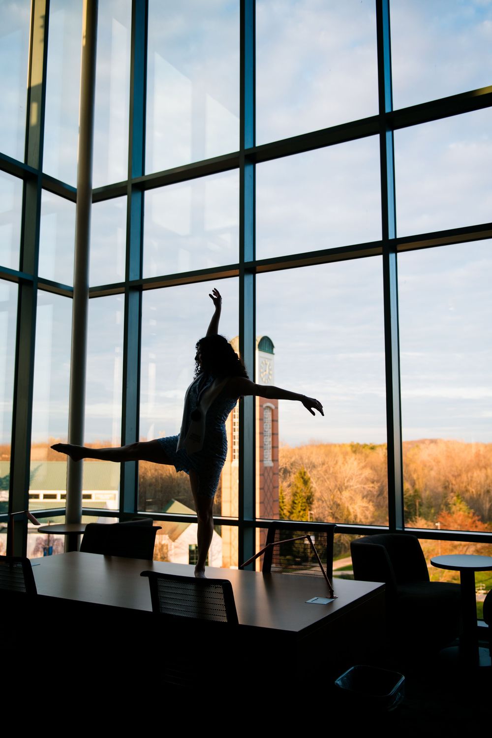 Silhouette of a dancer performing gracefully against large windows with autumn trees and blue sky visible outside.