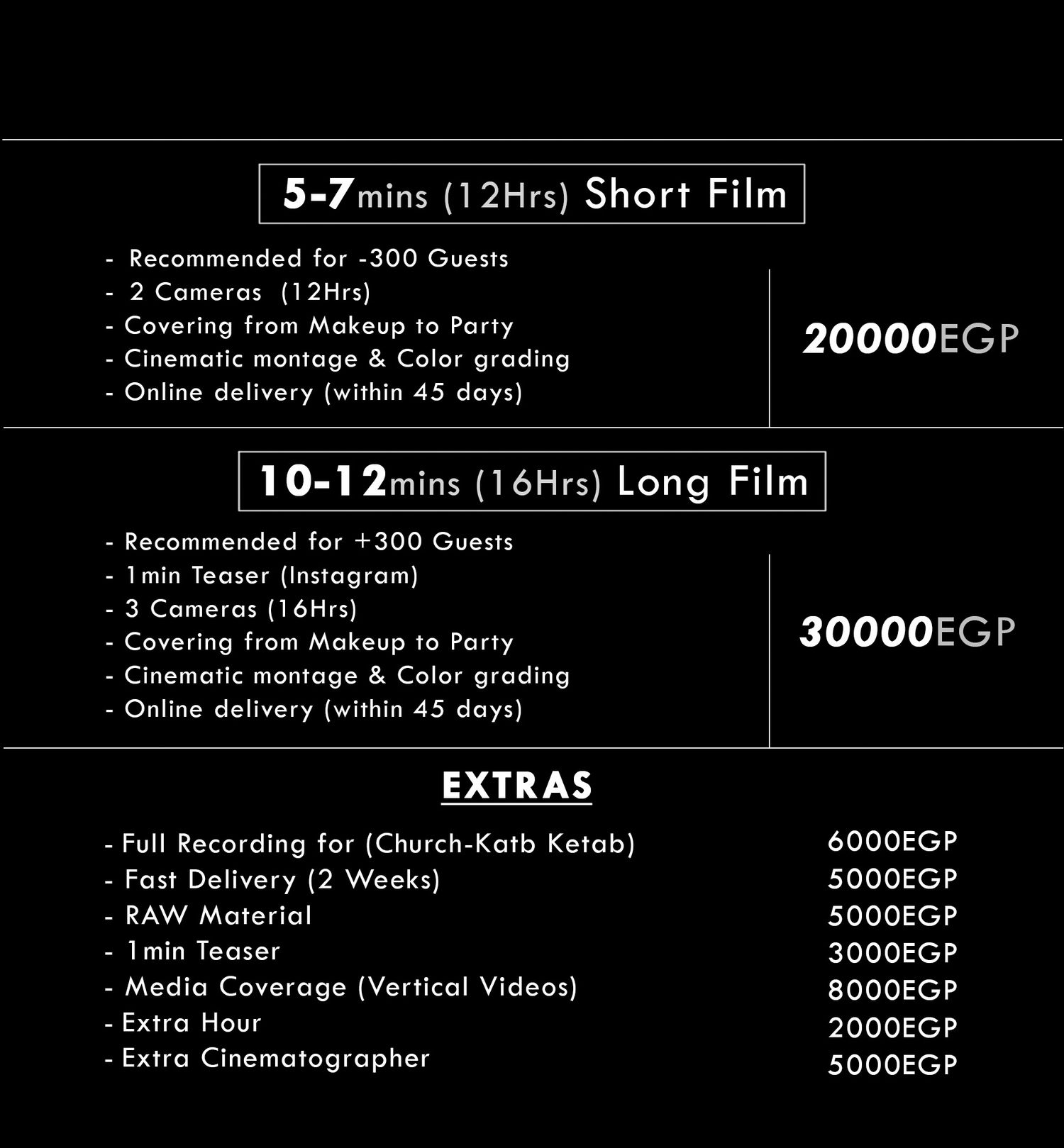 Detailed pricing list showing photography packages with extras and delivery times.