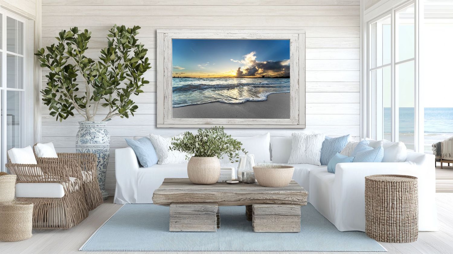 Displaying framed artwork in a home. A visual example of how a Sunrise image can create a warm coastal atmosphere.