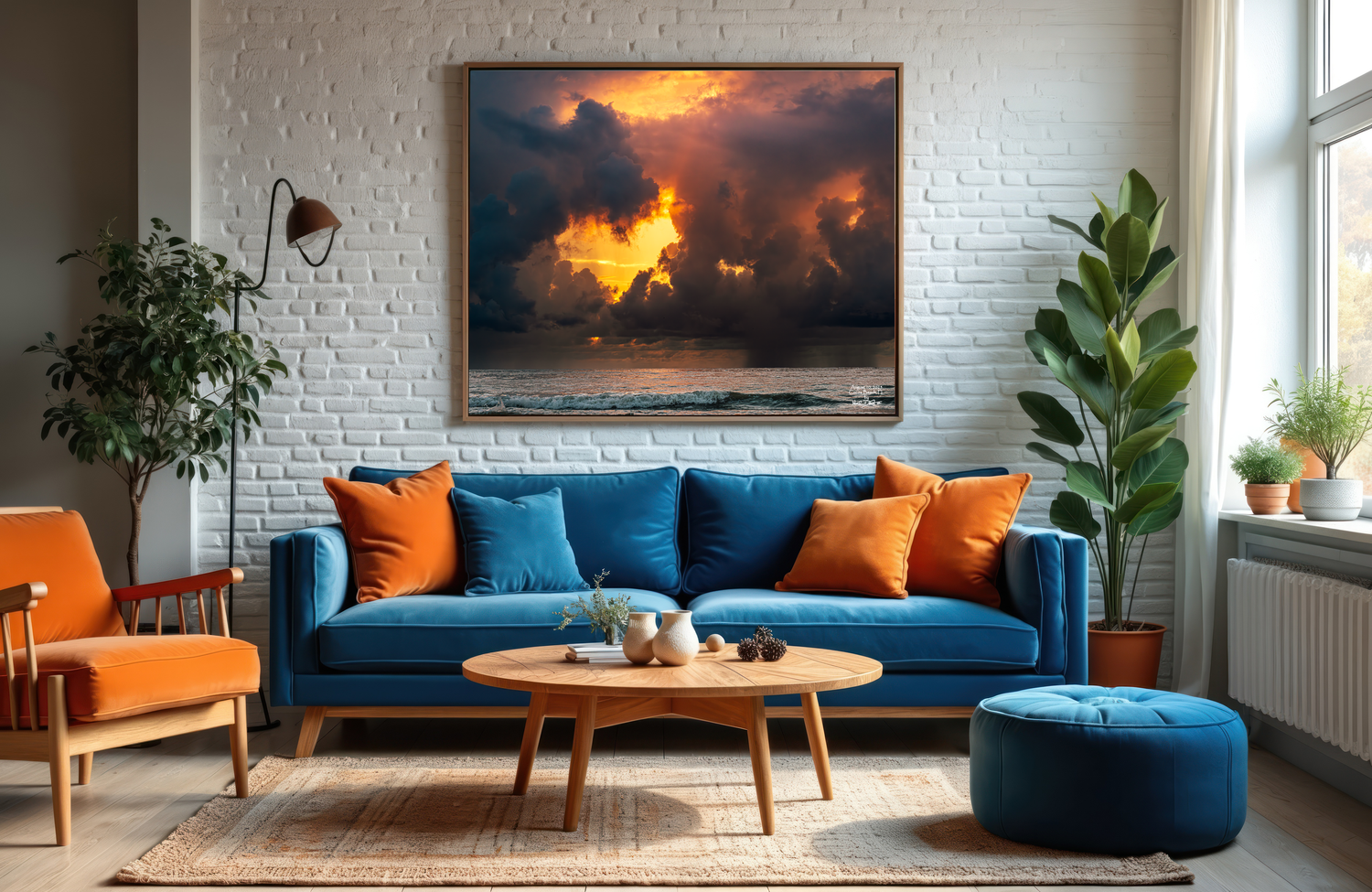 Modern living room with blue velvet sofa, orange accents featuring dramatic sunrise wall artwork on white brick wall.