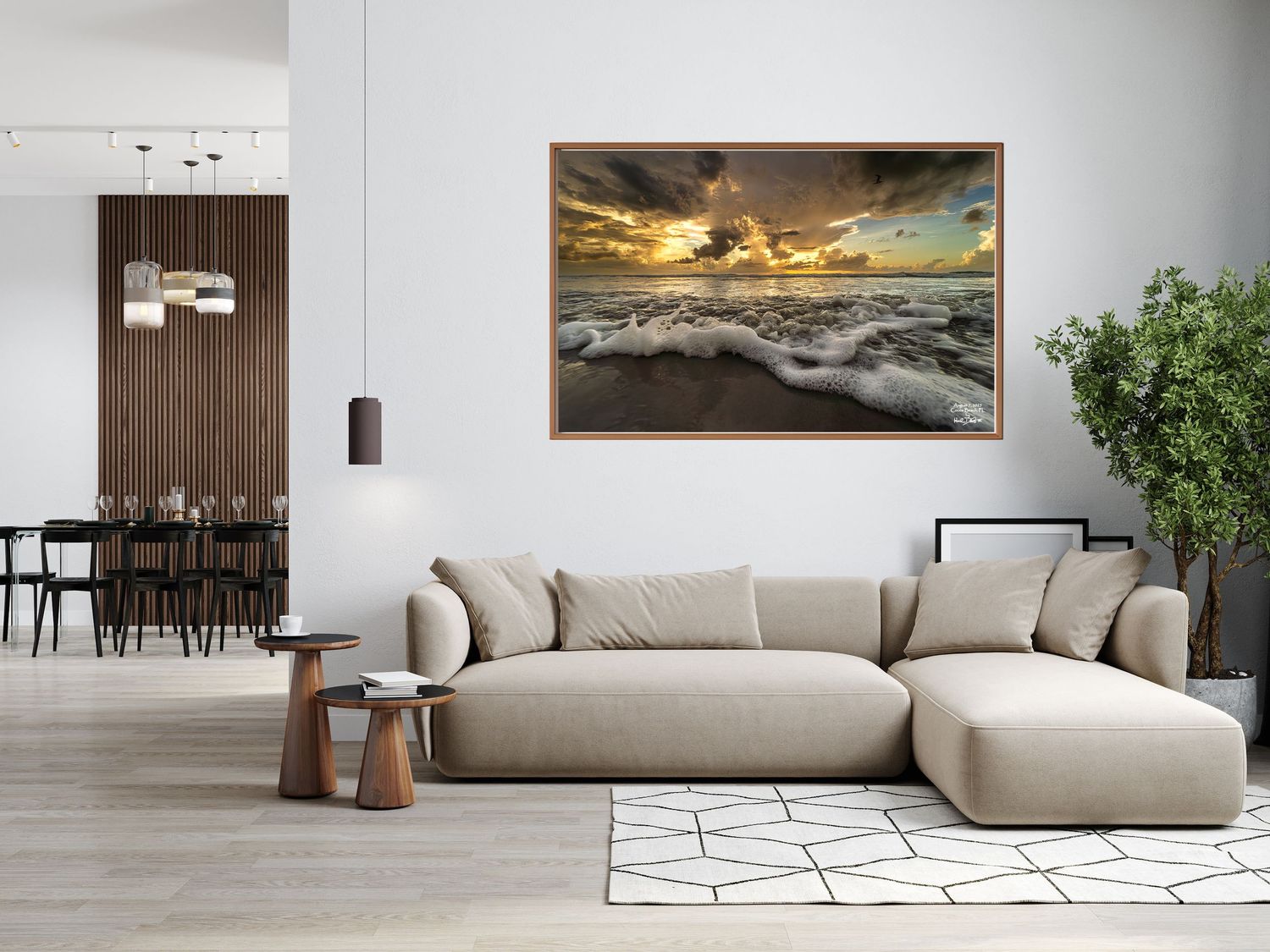 Displaying wall art in modern minimalist white living room with indoor plants, panoramic windows, and sleek contemporary furniture.