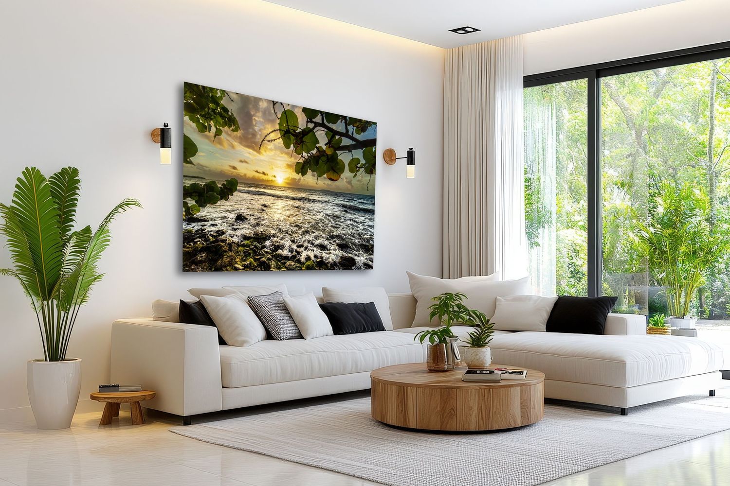 Displaying wall art in modern minimalist white living room with indoor plants, panoramic windows, and sleek contemporary furniture.