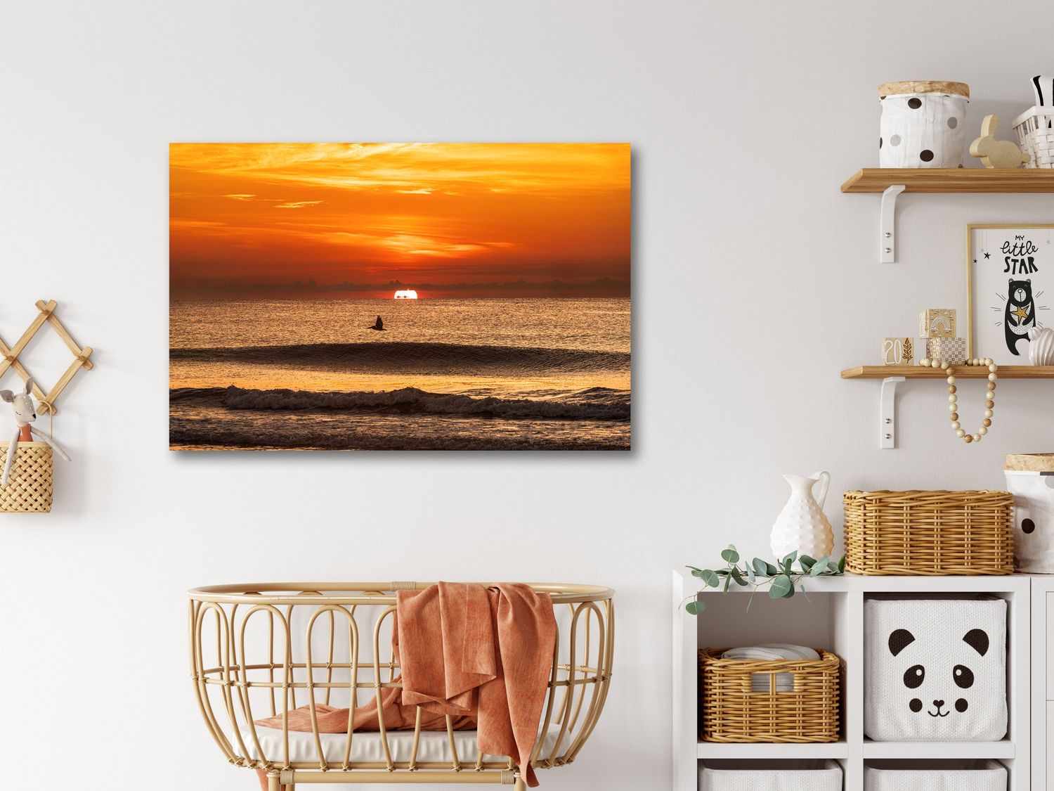 Displaying sunrise artwork in a home nursery. A visual example of how a Sunrise images can commemorate a birth.