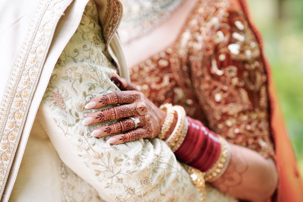 Close-up of hands adorned with henna and bangles against embroidered wedding attire. Asian Wedding Photography & Videography