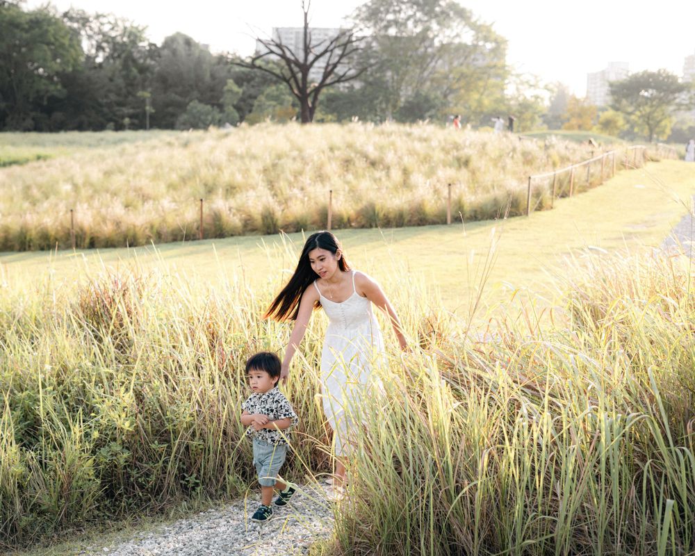 Two people walk together along a nature path surrounded by tall golden grass.