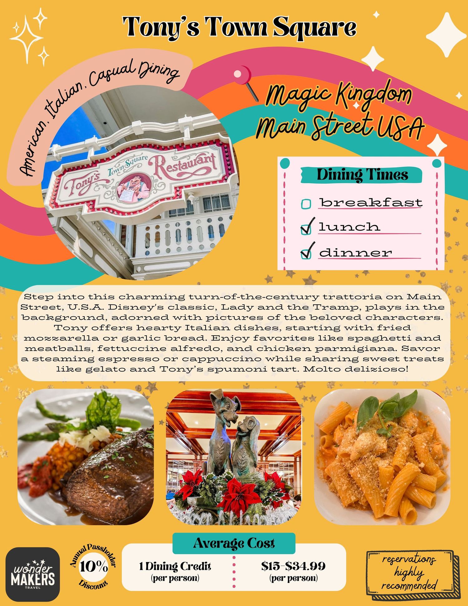 A colorful Disney restaurant menu featuring Tony's Town Square at Magic Kingdom with photos of pasta, steak and poinsettias.
