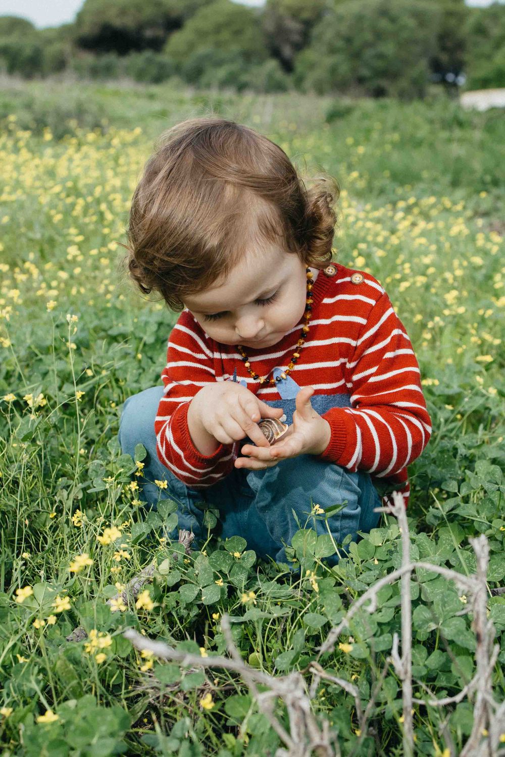 Small child in red striped shirt crouches in a wildflower meadow examining something in their hands.