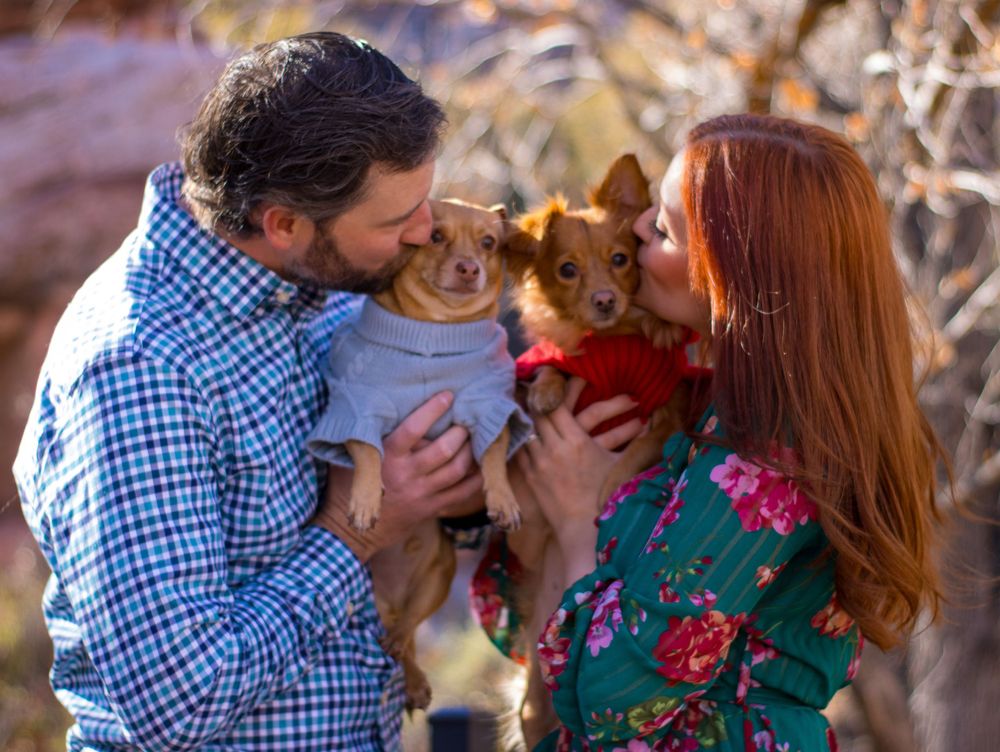 Couple kissing their two small dogs dressed in sweaters outdoors.