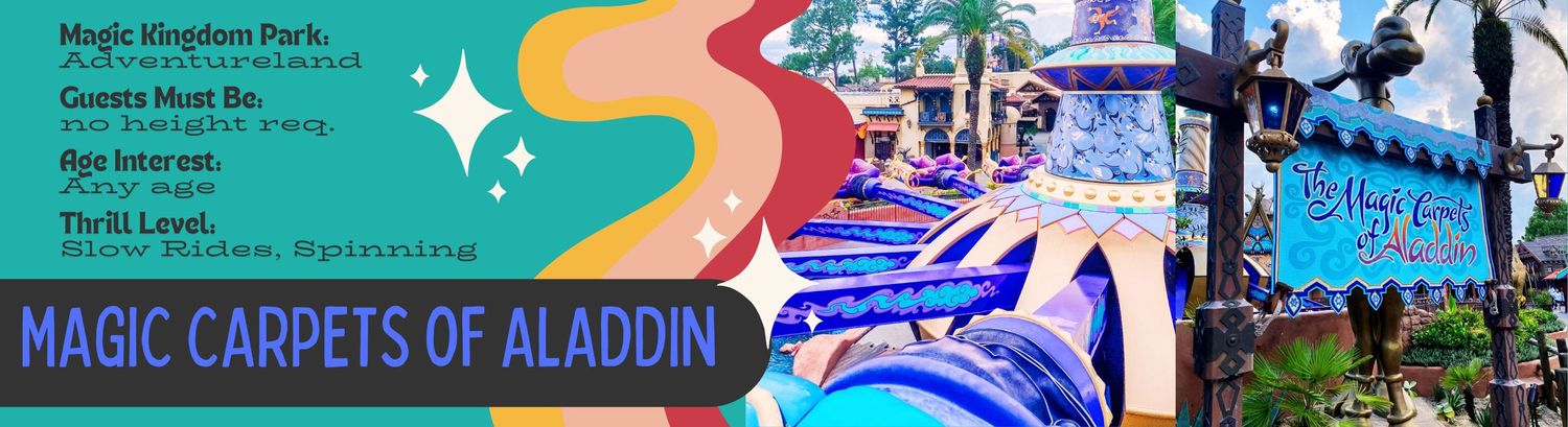 A colorful decorative banner featuring abstract swirls and silhouettes advertising Magic Carpets of Aladdin theme park ride.