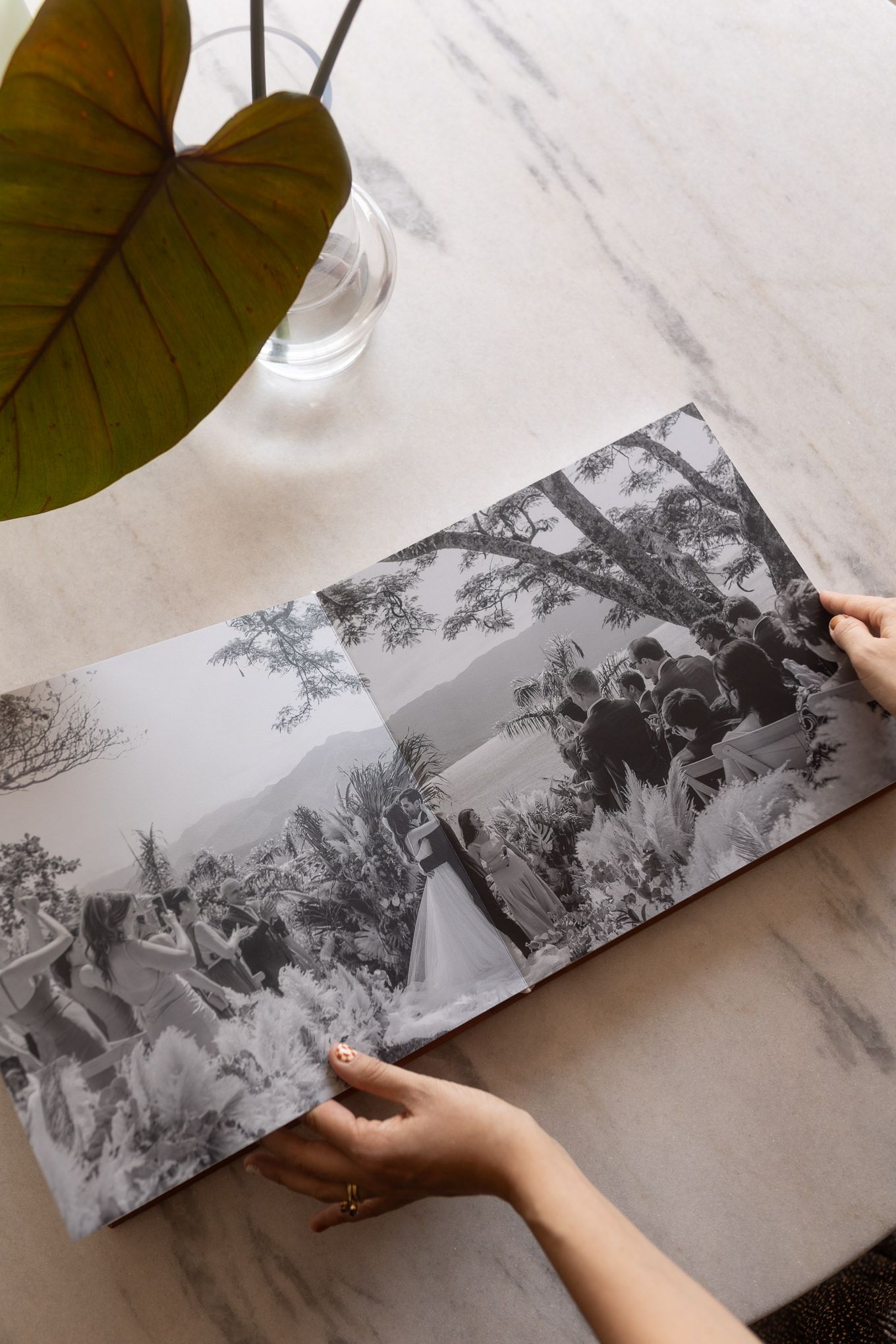 Black and white wedding album photo showing an outdoor celebration scene with trees and mountains.
