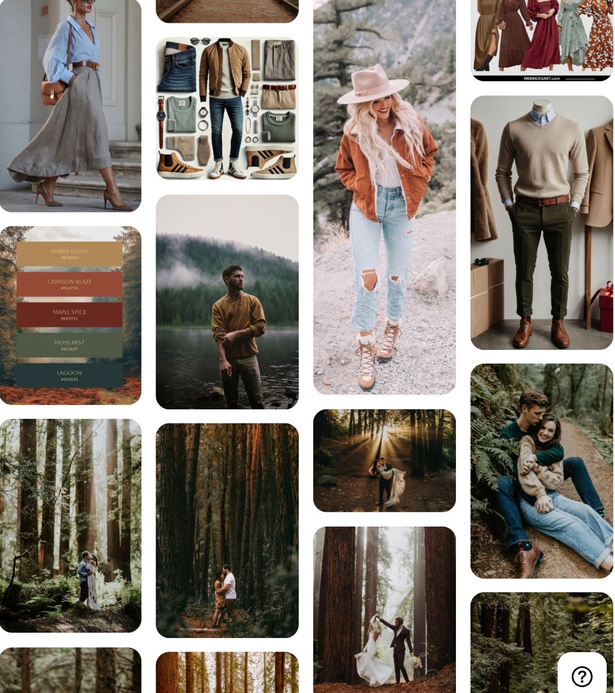 A moodboard featuring earth-toned autumn fashion, rustic forest scenes, and vintage-inspired casual outfits in natural settings.