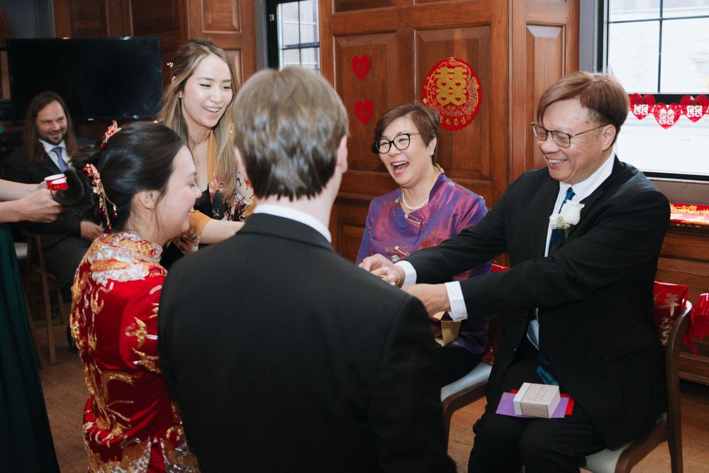 Cultural tea ceremony in traditional attire during Tiffany and Sam’s Toronto wedding.