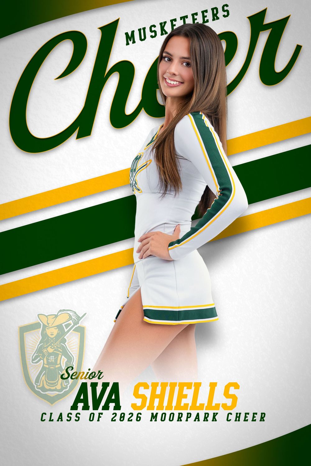 Cheer athlete posing in a green and gold Moorpark uniform in a senior portrait design.
