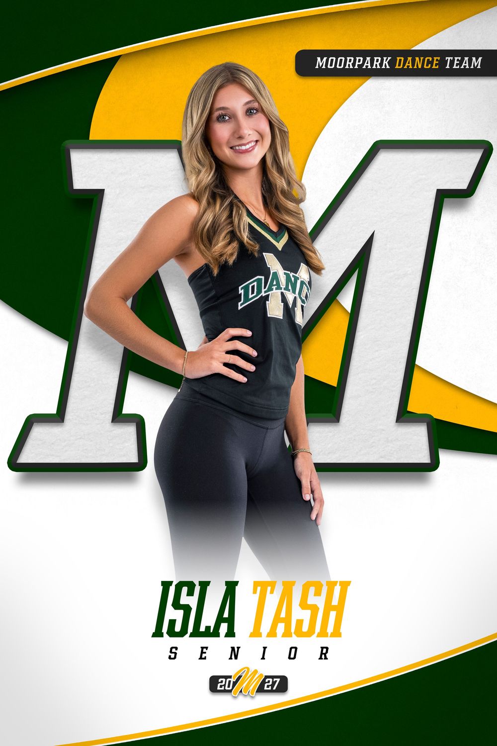Dance team athlete posing in a Moorpark uniform in a senior portrait design.