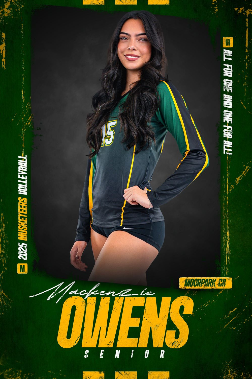 Volleyball athlete posing in a green and gold Moorpark uniform in a senior portrait design.