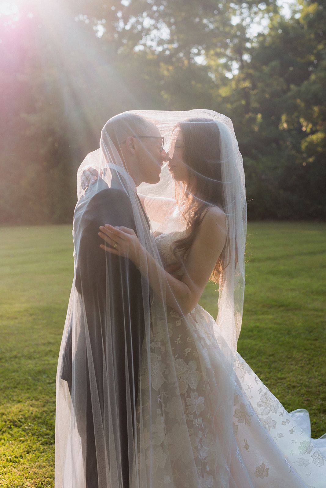 Romantic wedding couple embraces under a flowing veil in golden sunlight on a grassy lawn.