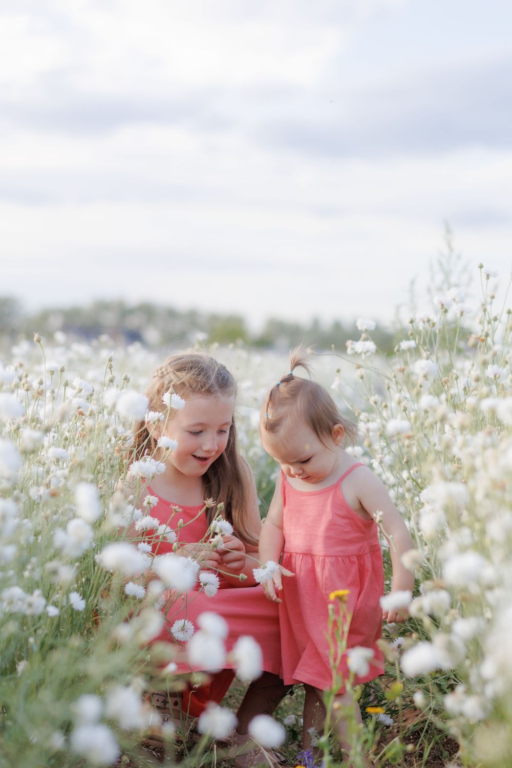 Two young children in coral dresses explore a dreamy field of white wildflowers on a summer day.
