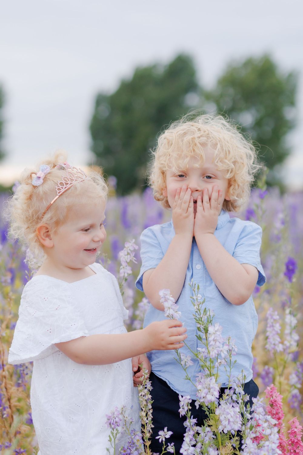 Children play among colorful wildflowers in a summer meadow with purple delphiniums and pink blooms.