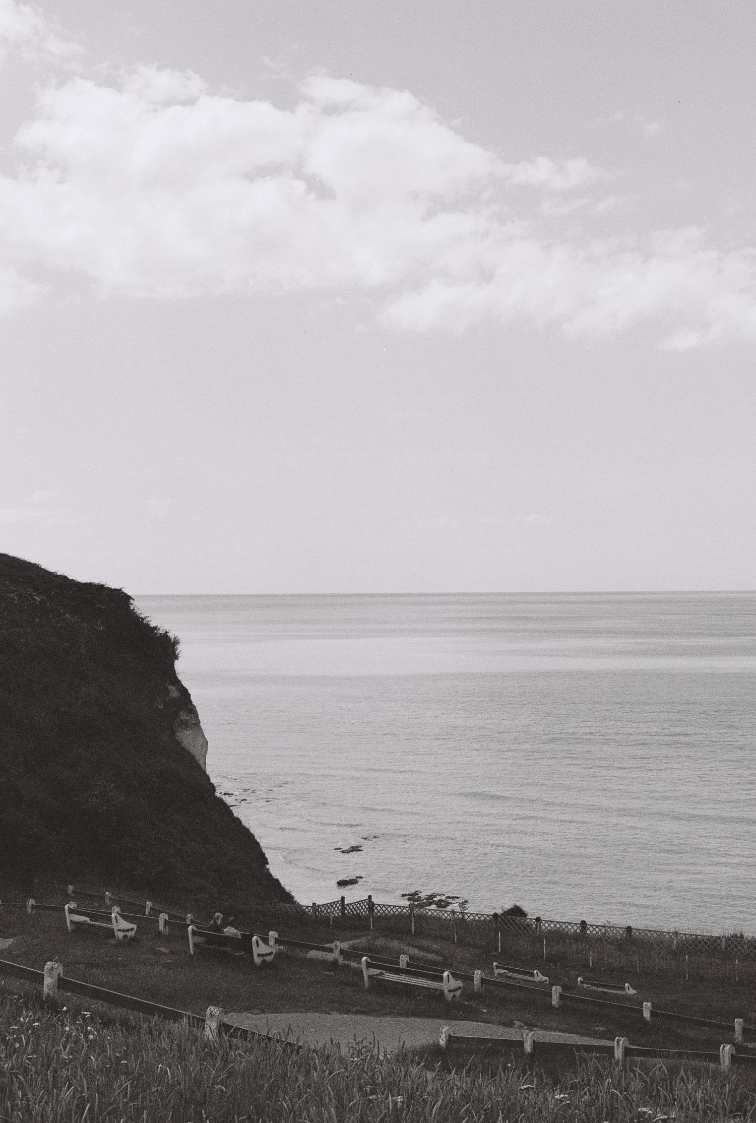 Black and white coastal landscape with steep cliffs overlooking a misty ocean.