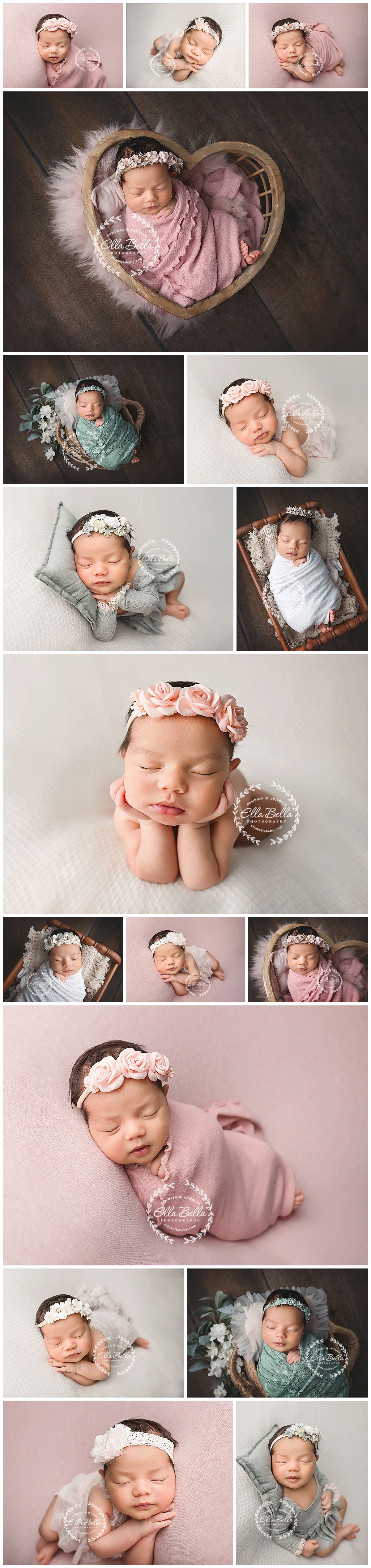 Professional newborn photography collection featuring soft pink and gray tones with delicate floral headpieces and cozy wraps.