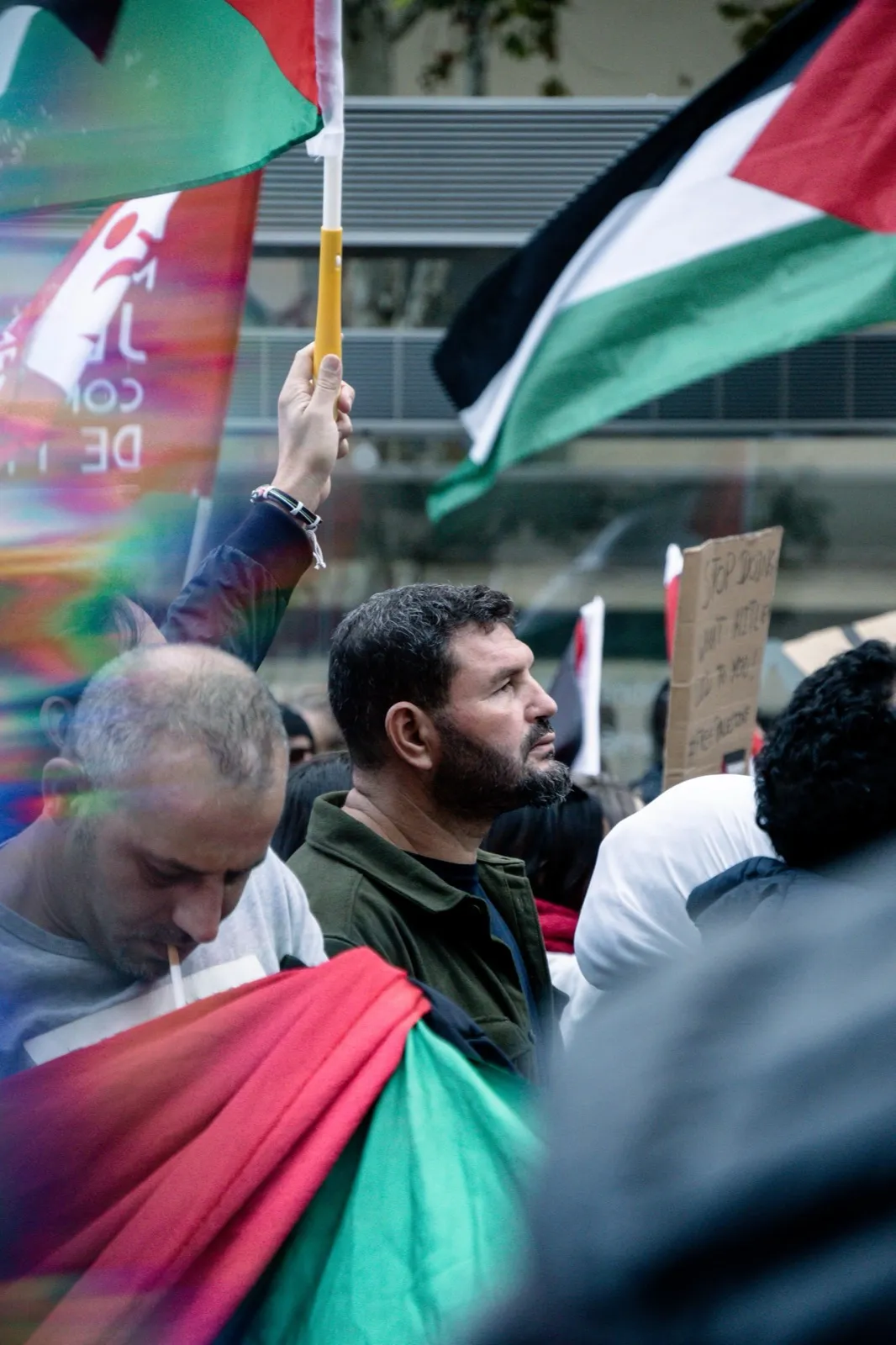 Manifestant enveloppé dans un drapeau palestinien au cœur d’une foule engagée.