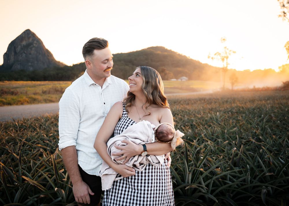 A couple embraces lovingly at sunset in a cornfield with warm golden light creating a romantic silhouette.