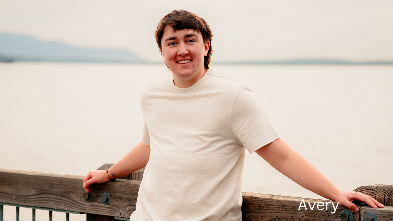 A series of portraits showing someone in a casual white top seated outdoors against a waterfront background.