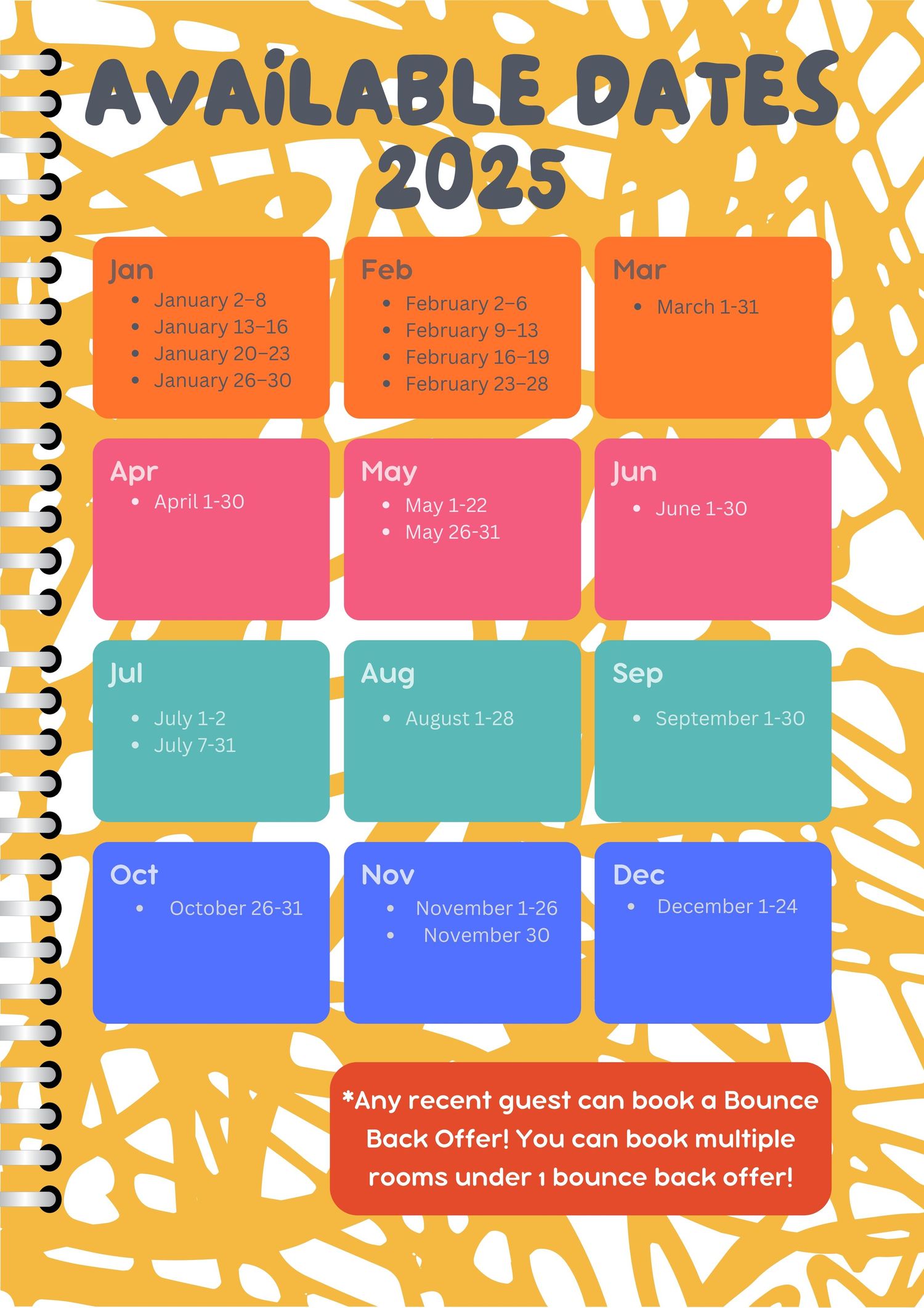 Calendar showing available 2025 Bounce Back offer dates organized by month with colorful blocks.