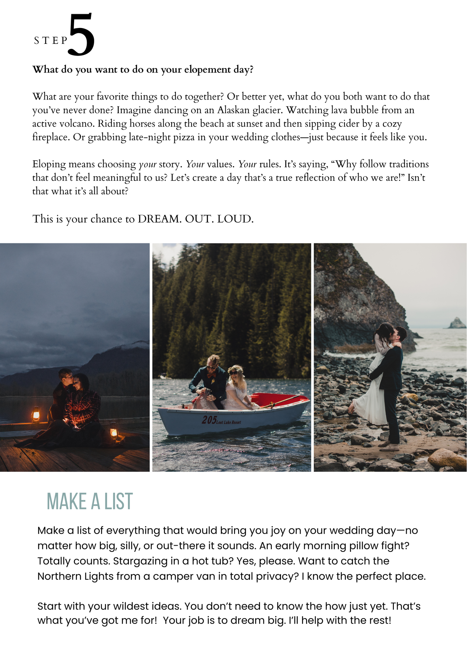 Three romantic coastal photos show couples enjoying campfires, boat rides, and scenic cliffs at sunset.