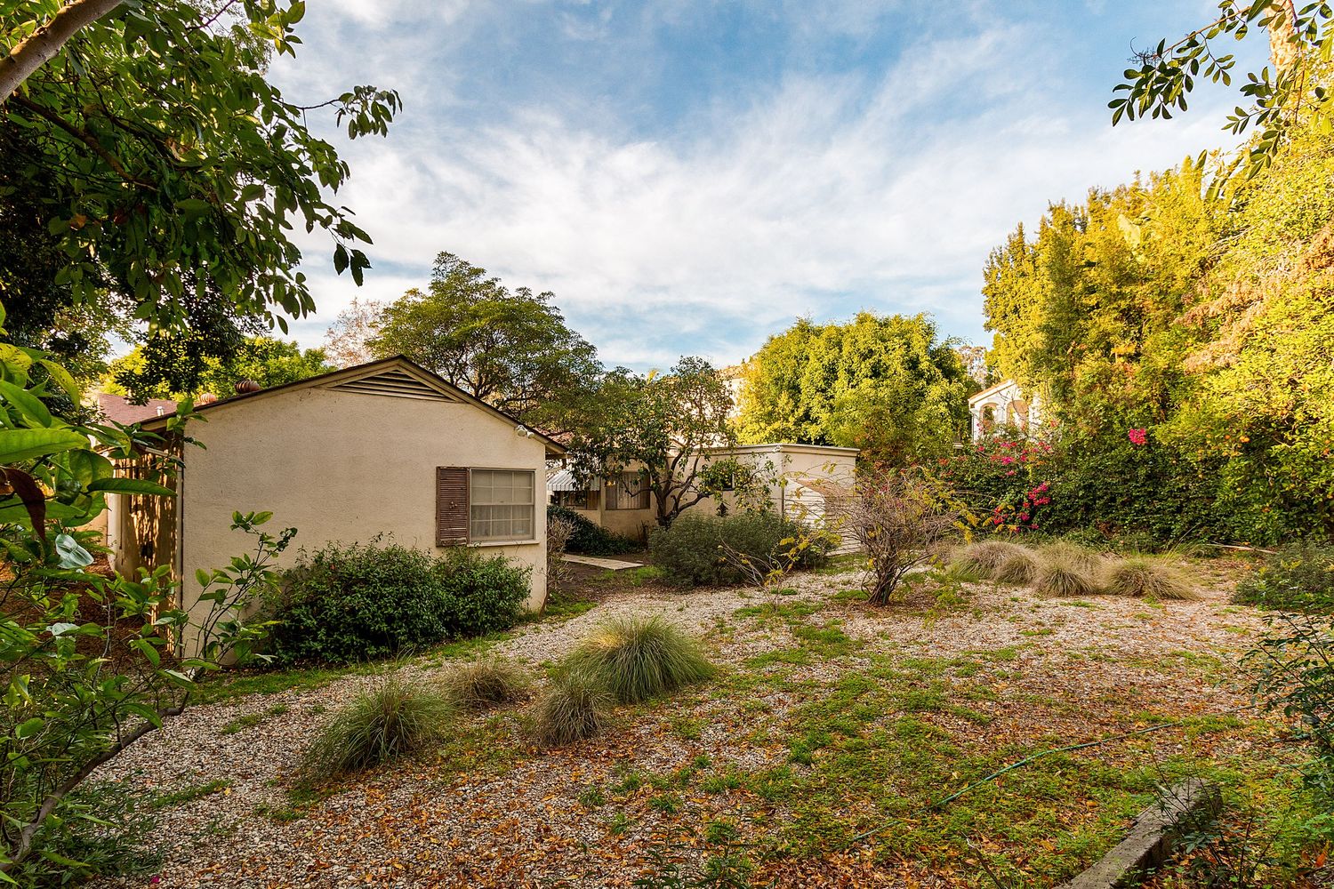 Autumn landscape view of residential property with fallen leaves and mature trees.