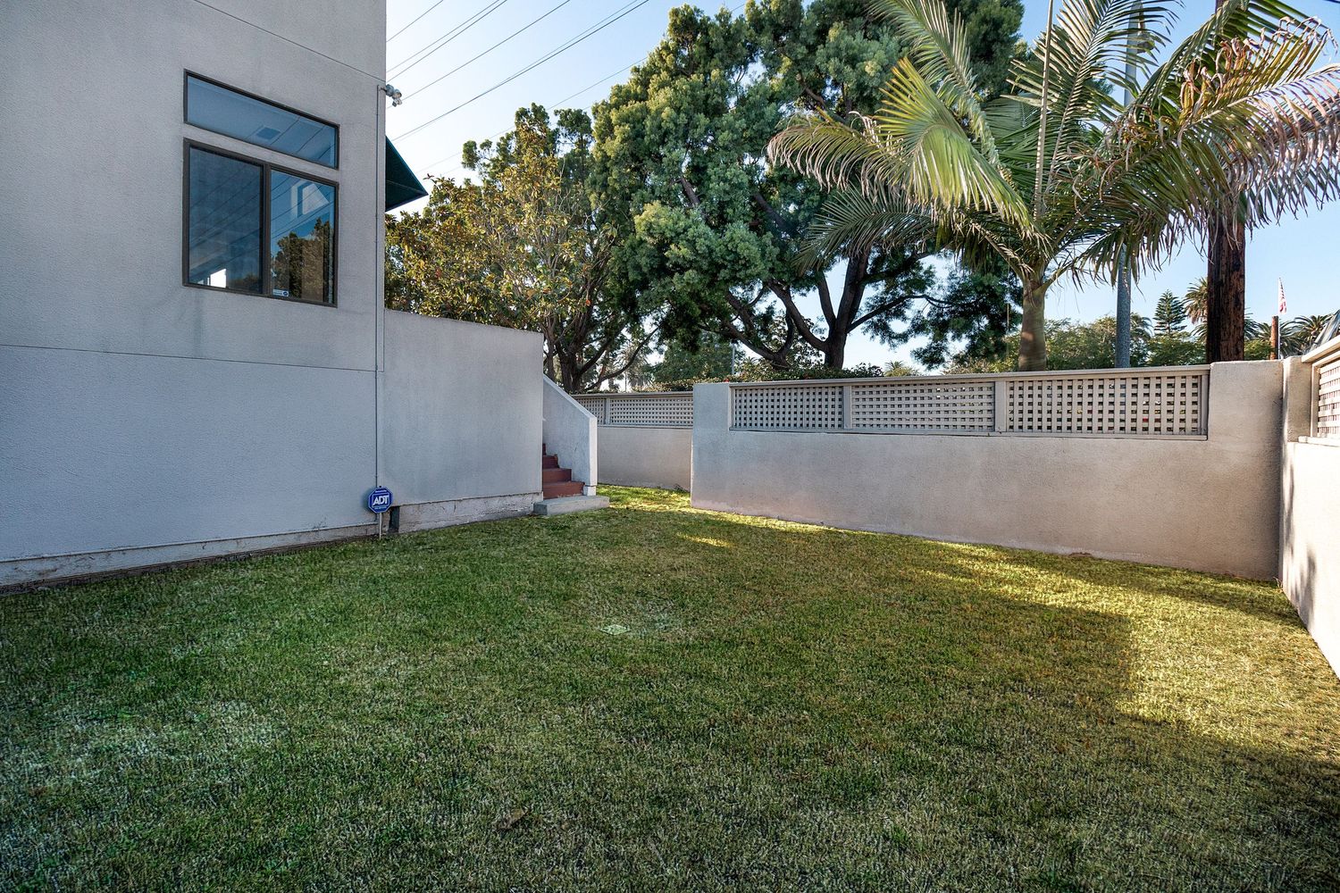 Spacious backyard with green lawn and palm trees surrounding a white modern house.