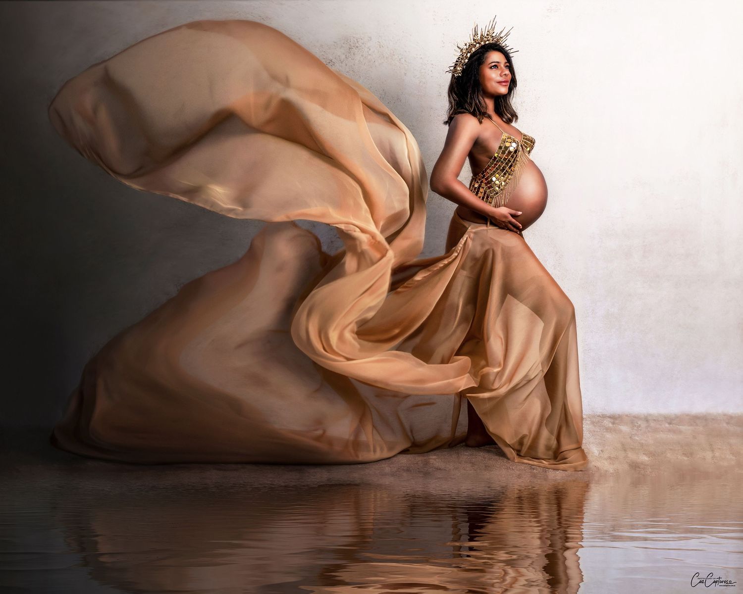 Sydney professional photography: expectant mum in a gold flowing dress, regal pose.