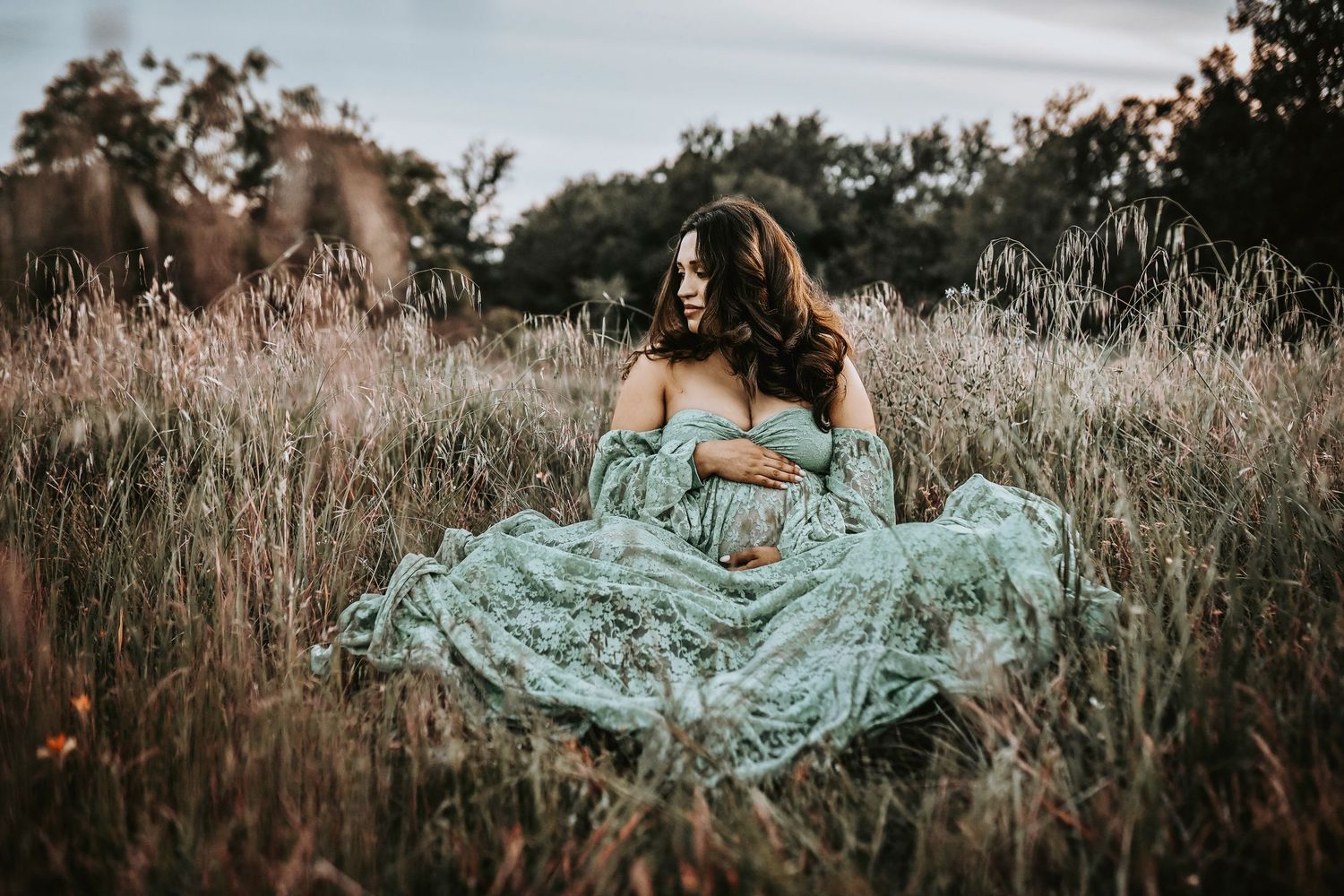 beautiful mother expecting her first newborn girl holds her belly as she sits in the middle of tall golden grass at sunset