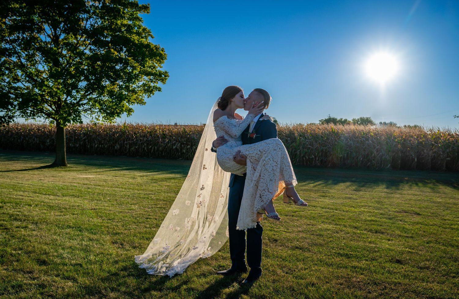 Wedding photo sequence in a sunlit field with cornfield and trees in the background.