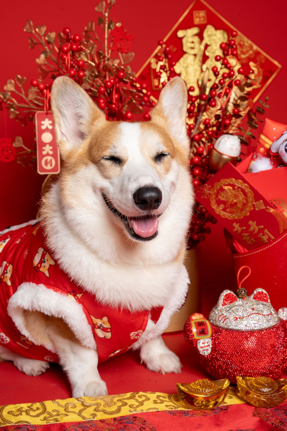 Happy Corgi dog in traditional red Chinese New Year costume smiling with lunar decorations.