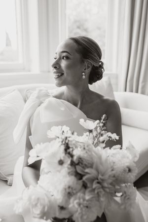 Series of elegant wedding photos with white floral bouquet and natural window light.